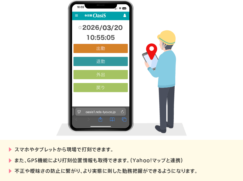 スマホやタブレットから現場で打刻できます。また、GPS機能により打刻位置情報も取得できます。Yahoo!マップと連携。不正や曖昧さの防止に繋がり、より実態に則した勤務把握ができるようになります。